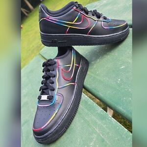 CUSTOM HANDPAINTED, RAINBOW TRIM, BLACK NIKE AIR FORCE 1s